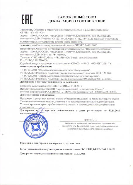 Сертификат соответствия спектрометров Искролайн